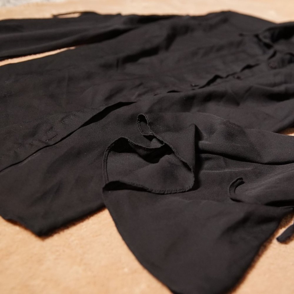 Black button down open shoulder blouse